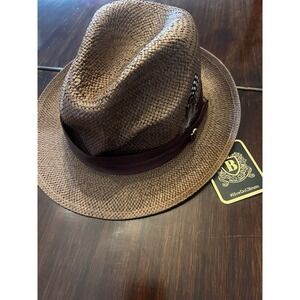 NWT Bruno Capelo Men's Straw Fedora Hat XL Brown w/‎ Feather – 7 1/4-7 3/8